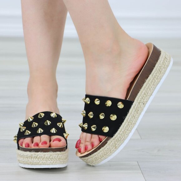 Black Platform Espadrille Sandals Nubuck Gold Metal Stud Sliders - Picture 1 of 11